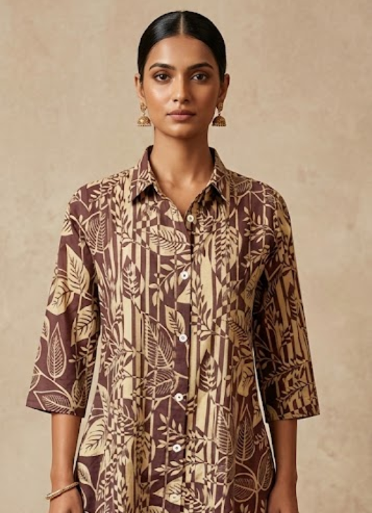Brown Botanical Printed Cotton Kurta