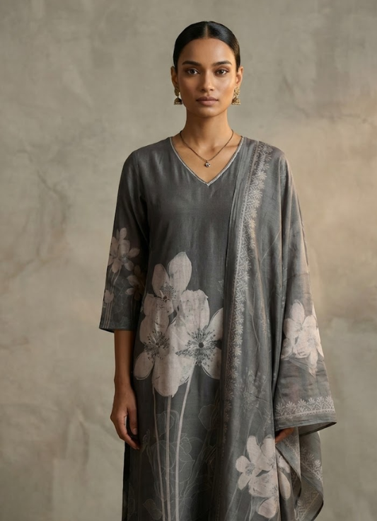 Grey Floral Printed Cotton Kurta Set with Dupatta