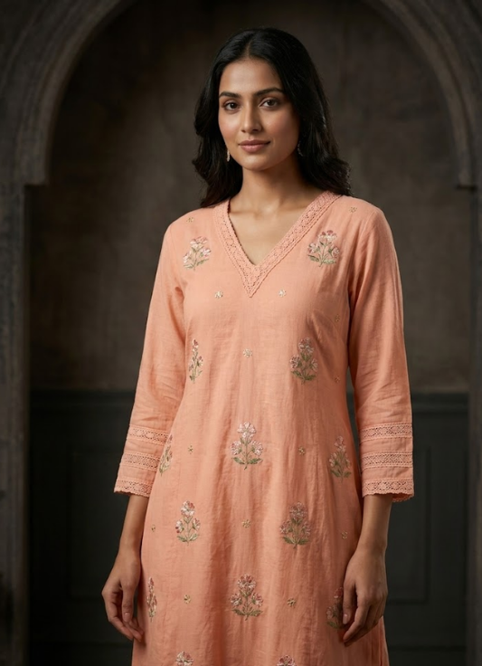 Soft Peach Embroidered Cotton Kurta
