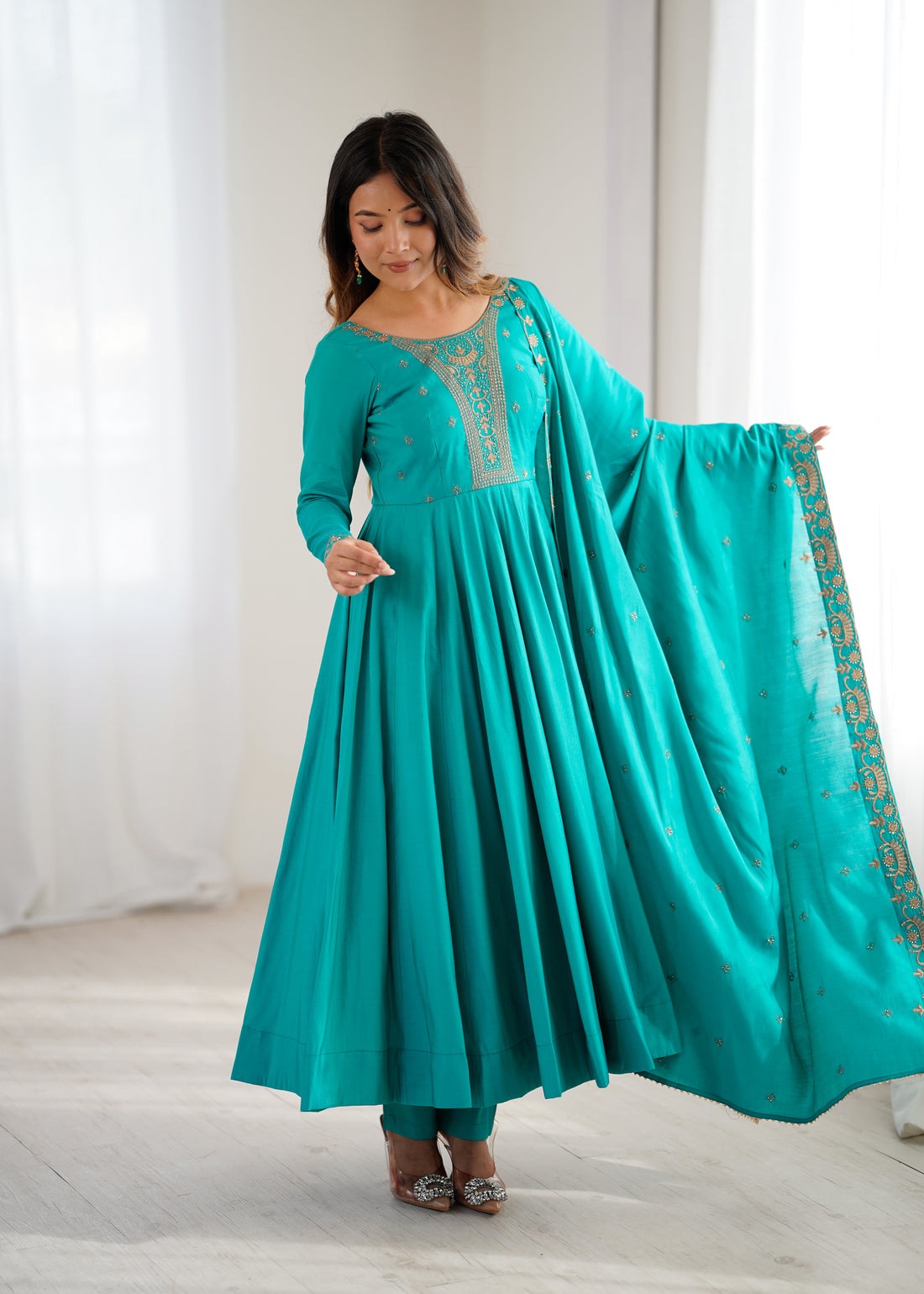 Rama Color Pure Chanderi Silk Three Piece Anarkali Suit