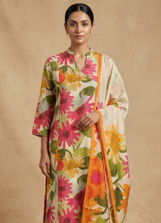 Ivory Floral Printed Cotton Kurta Set with Dupatta
