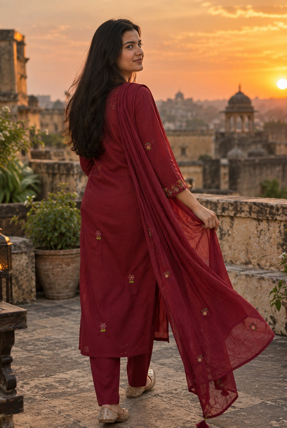 Maroon Floral Embroidered 3-Piece Kurta Set