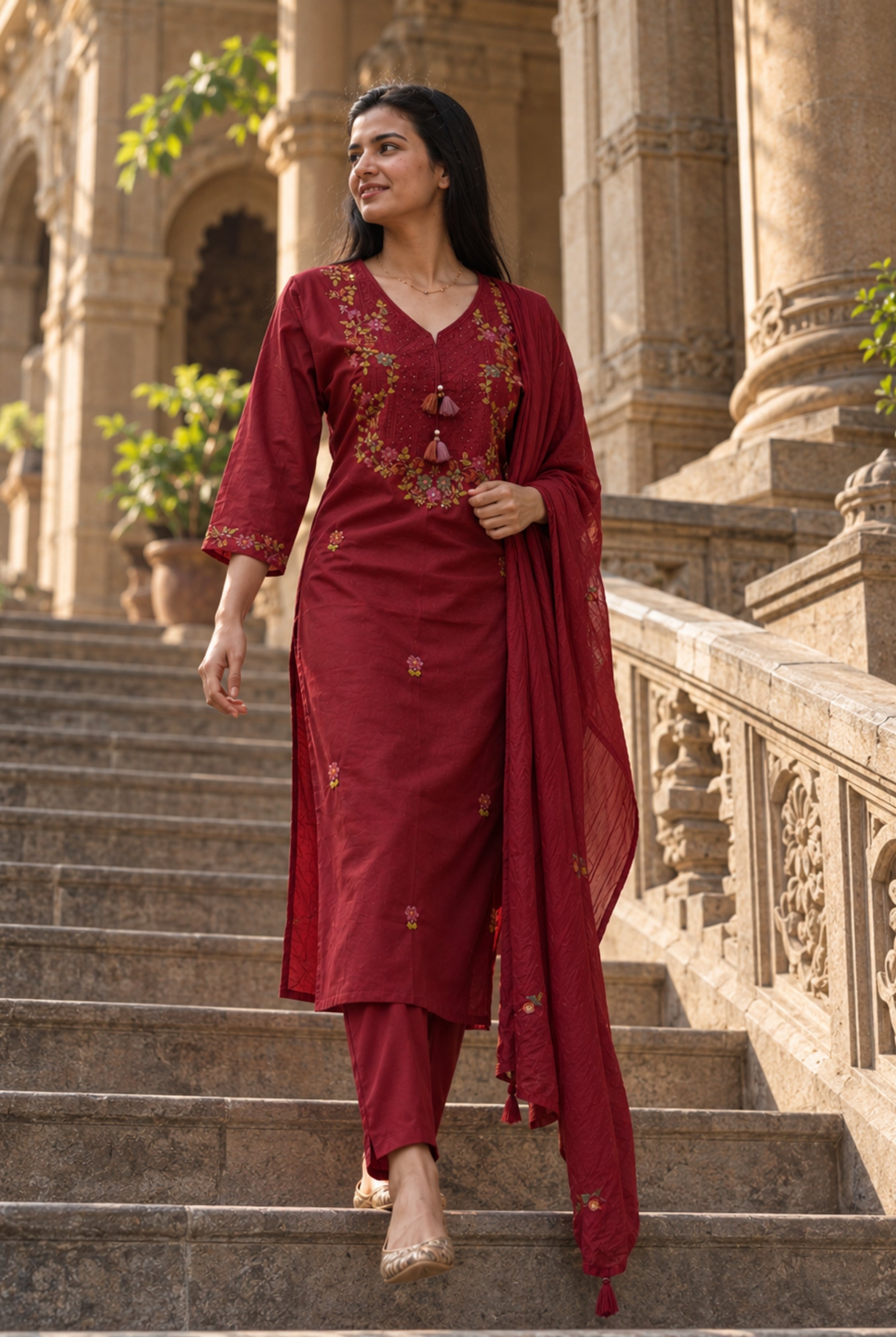 Maroon Floral Embroidered 3-Piece Kurta Set
