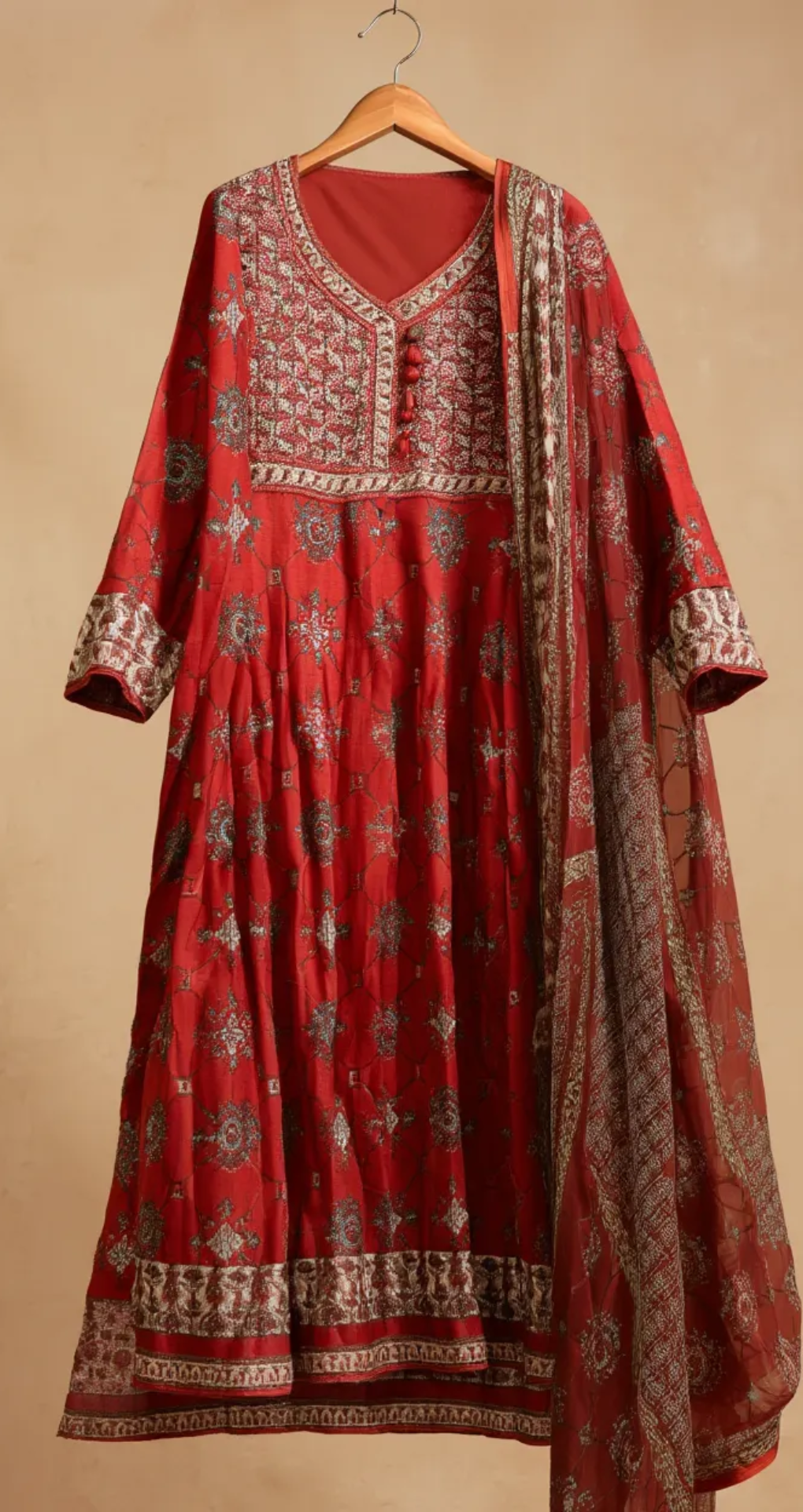 Women’s Wine Red Printed & Embroidered Kurta Set with Dupatta