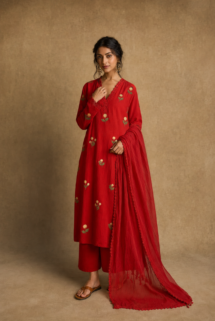 Red Floral Butta Embroidered Cotton Kurta Set with Dupatta