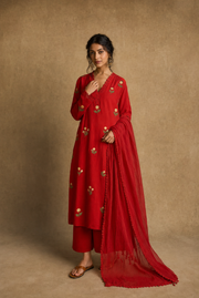 Red Floral Butta Embroidered Cotton Kurta Set with Dupatta