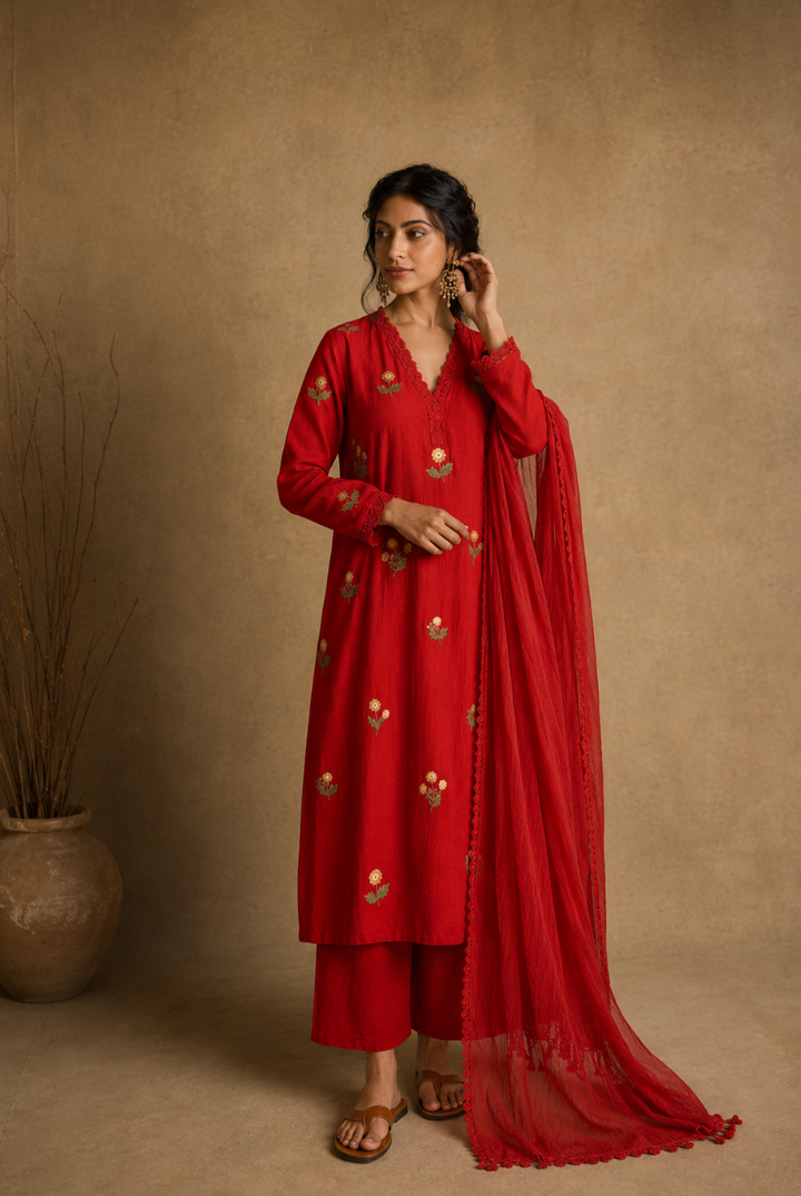 Red Floral Butta Embroidered Cotton Kurta Set with Dupatta
