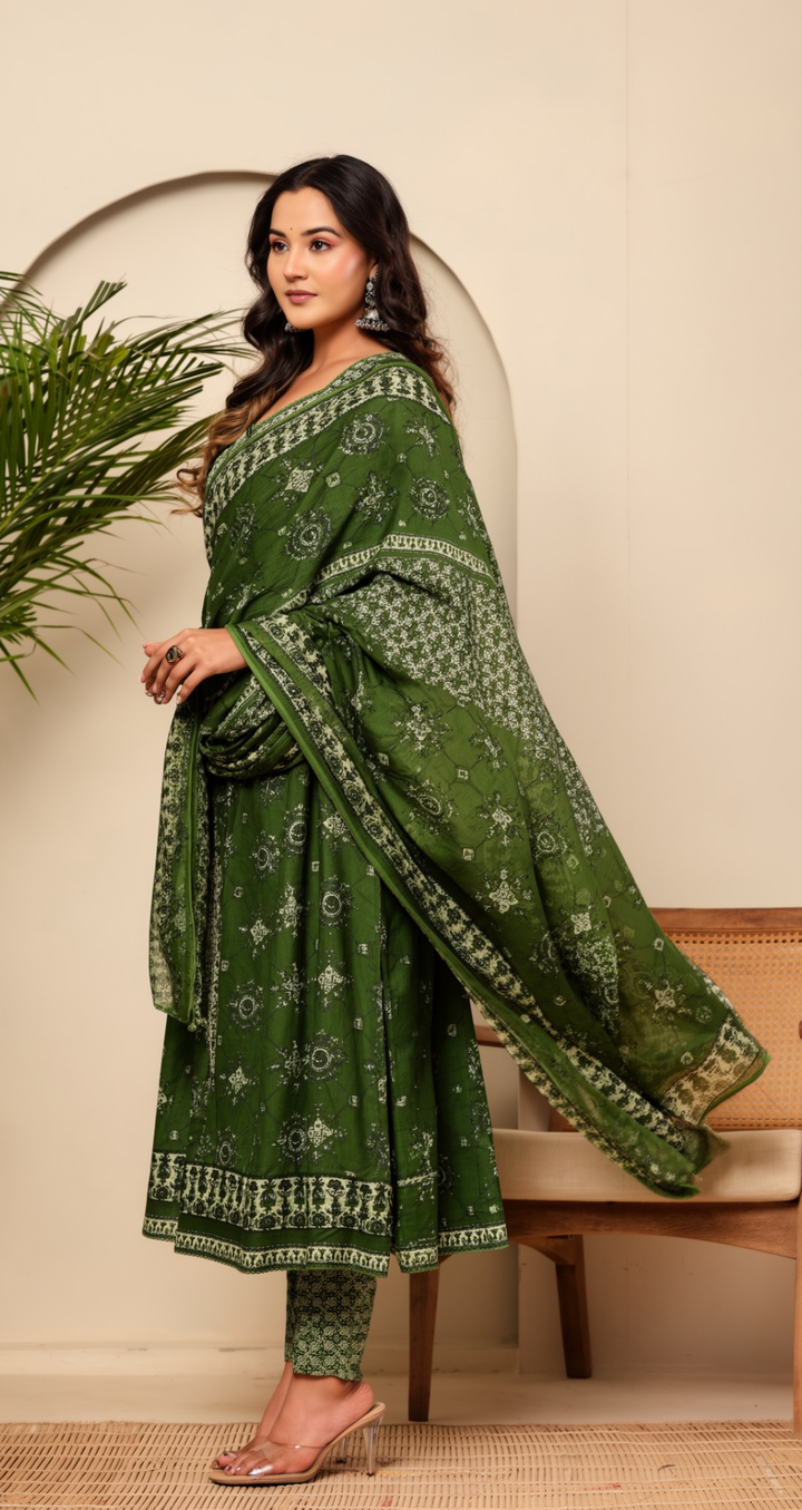 Olive Green Printed Kurta Set with Dupatta