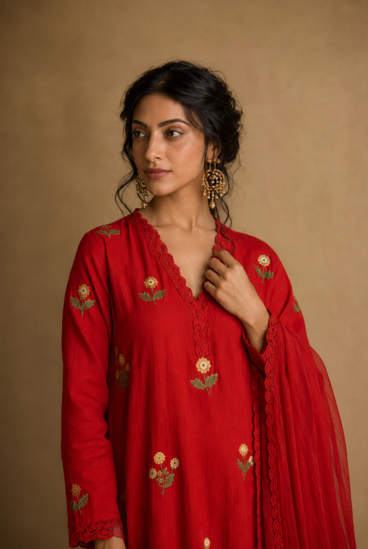 Red Floral Butta Embroidered Cotton Kurta Set with Dupatta