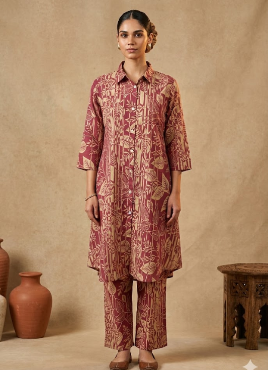 Maroon Hand Block Printed Cotton Kurta Set with Pant