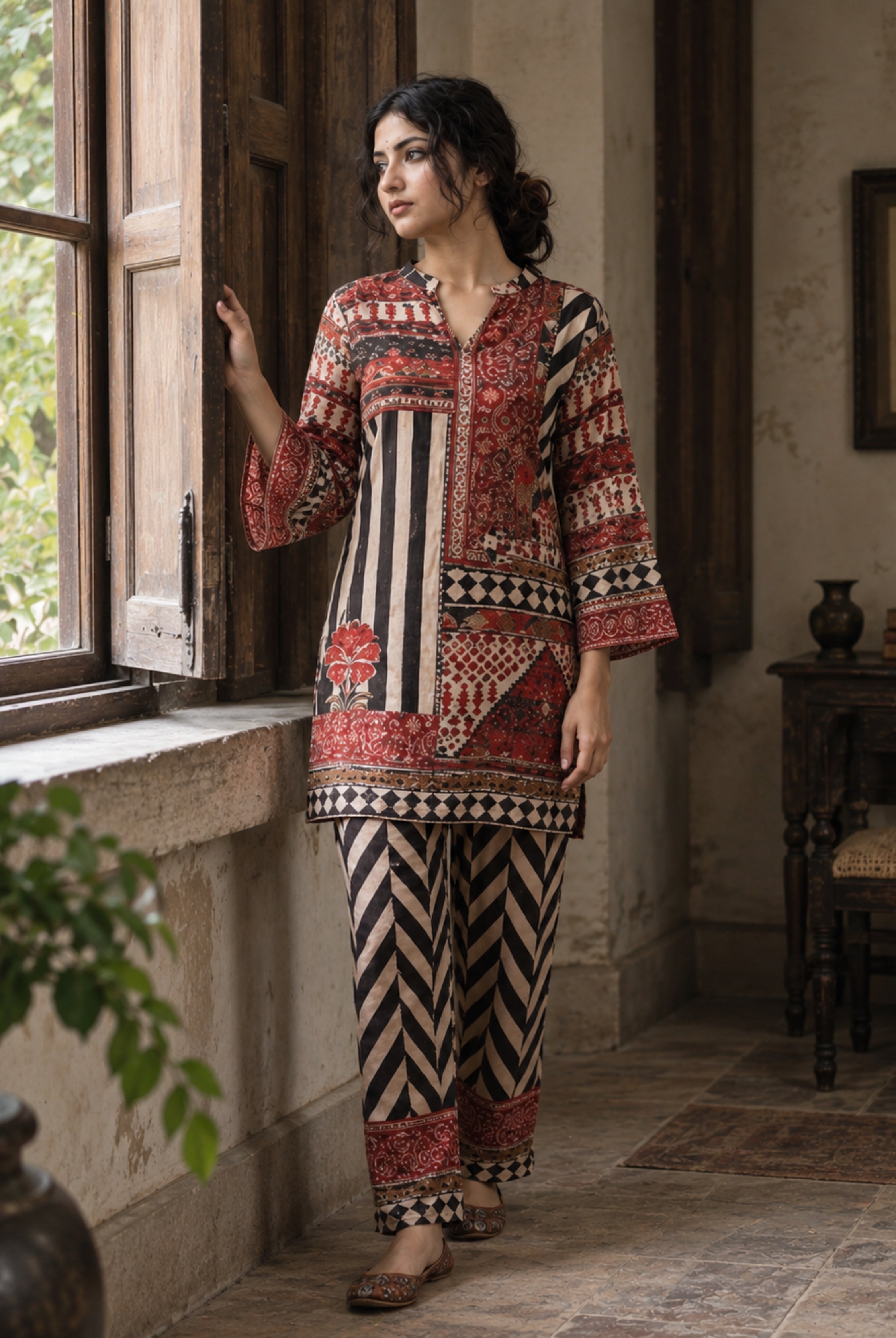 Maroon Mosaic Printed Cord Set