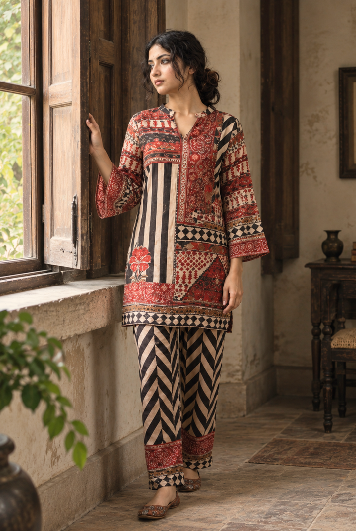 Maroon Mosaic Printed Cord Set