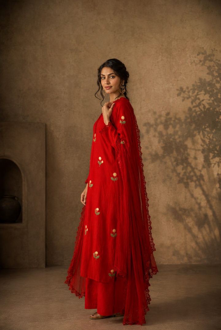 Red Floral Butta Embroidered Cotton Kurta Set with Dupatta