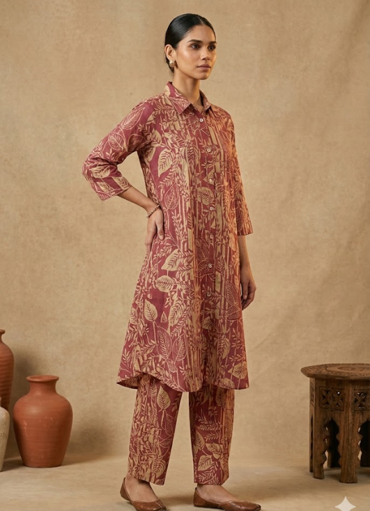 Maroon Hand Block Printed Cotton Kurta Set with Pant