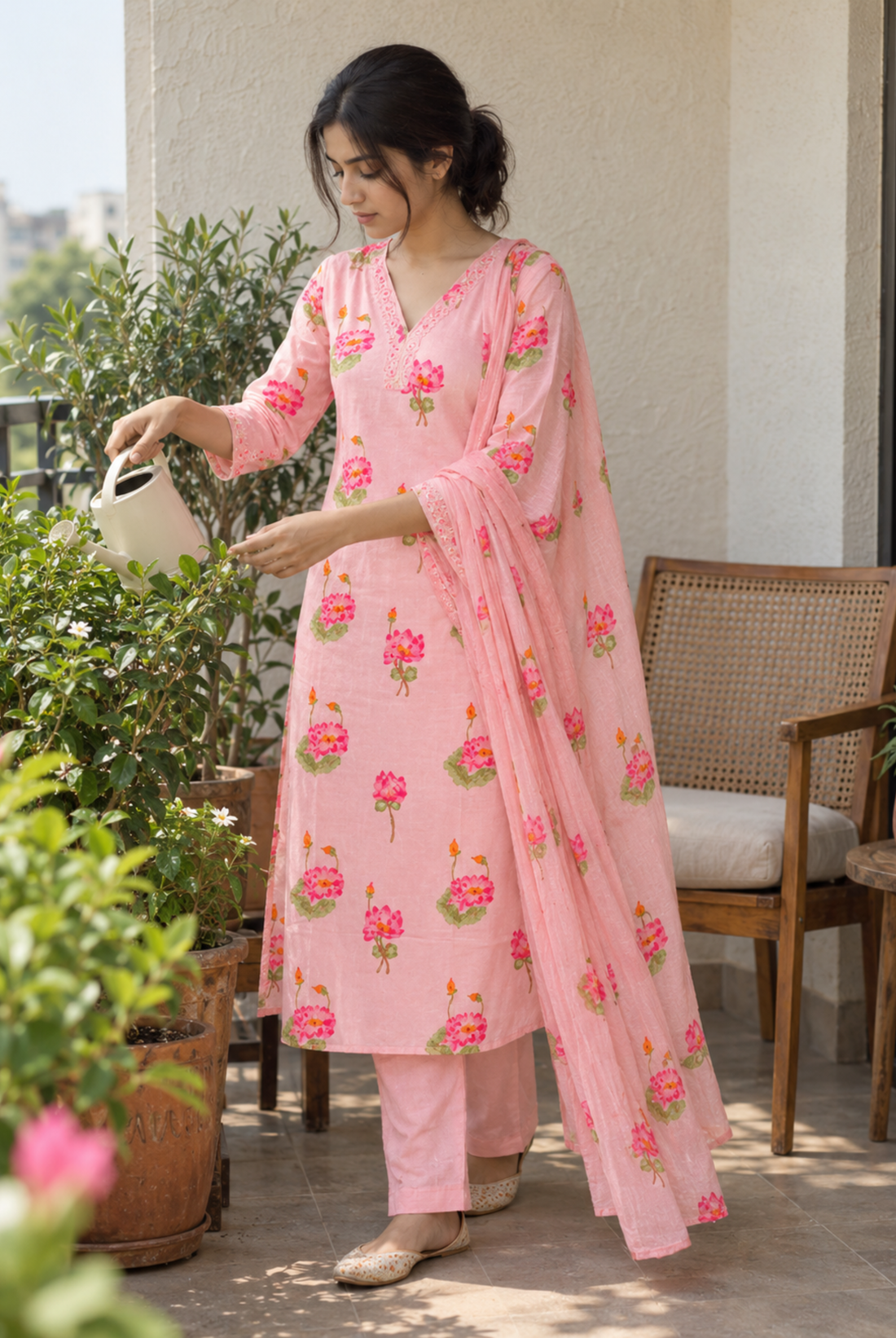 Pink Floral Printed Anarkali Suit Set with Dupatta