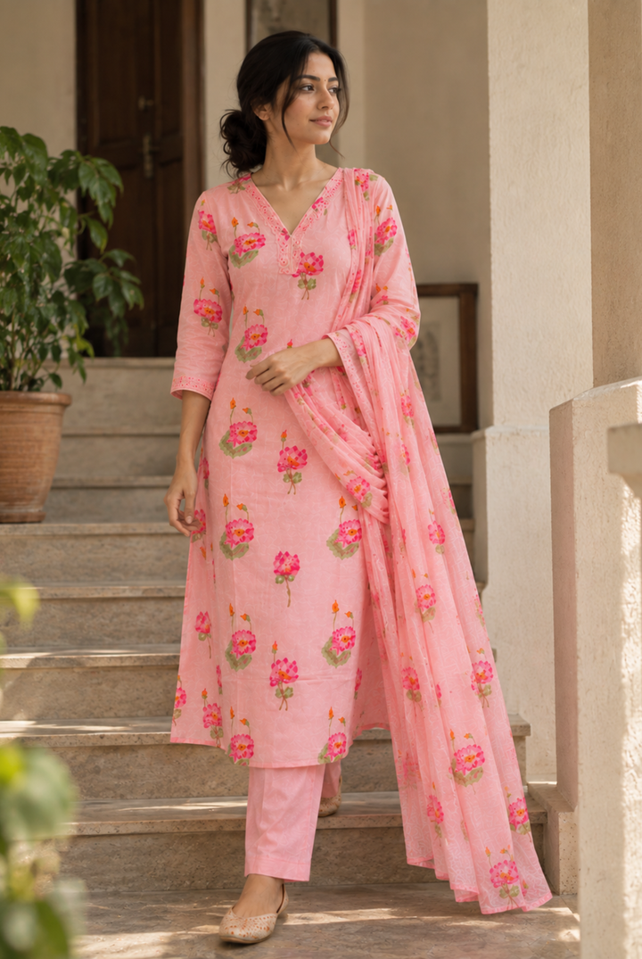 Pink Floral Printed Anarkali Suit Set with Dupatta