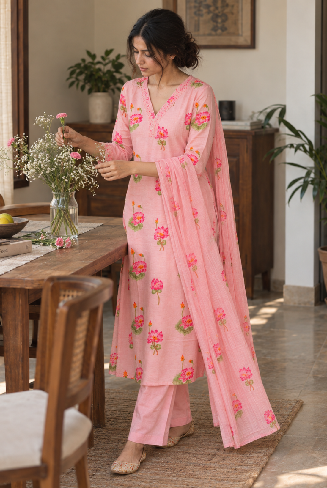 Pink Floral Printed Anarkali Suit Set with Dupatta