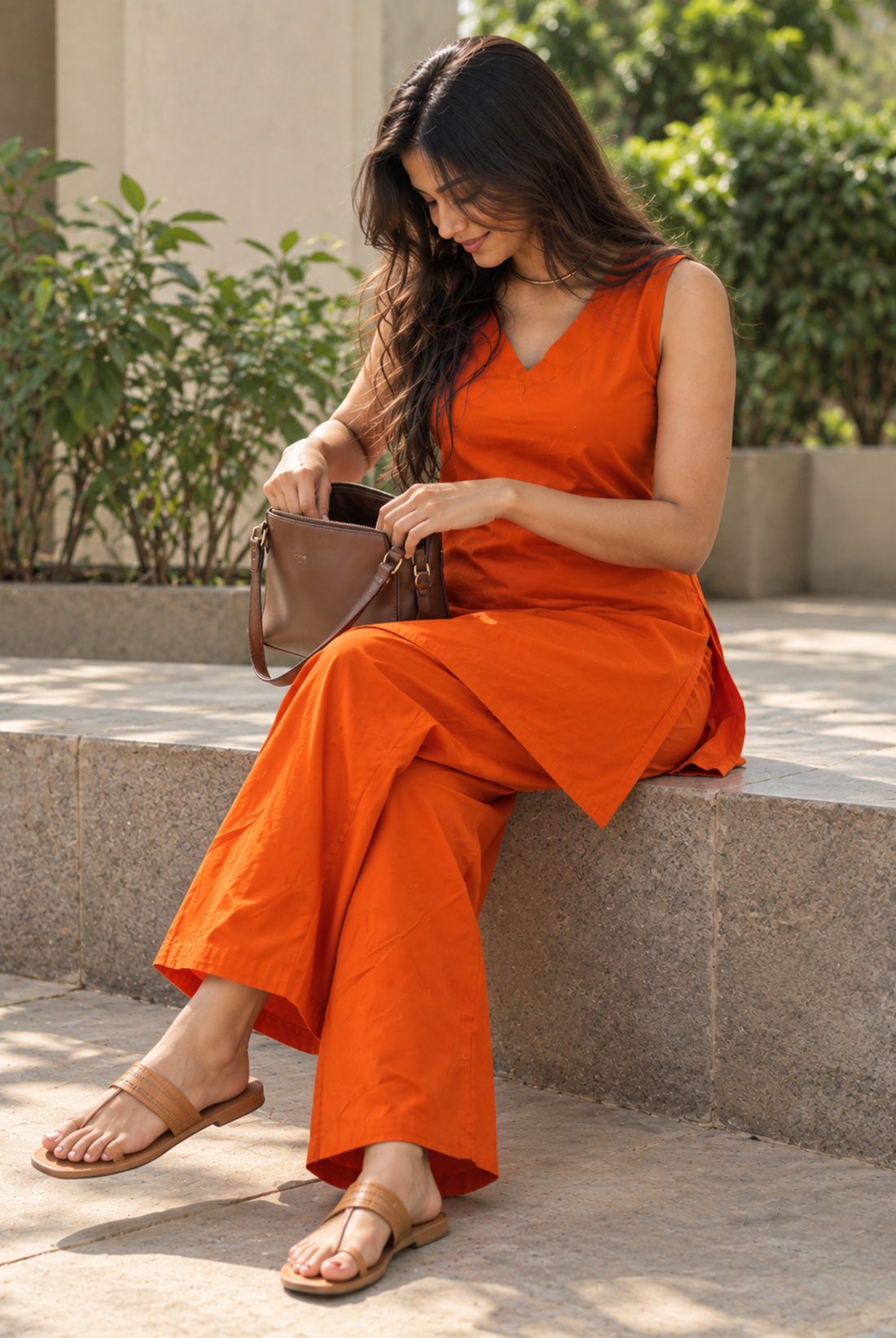 Orange Sleeveless Straight Kurta Set with Wide-Leg Pants