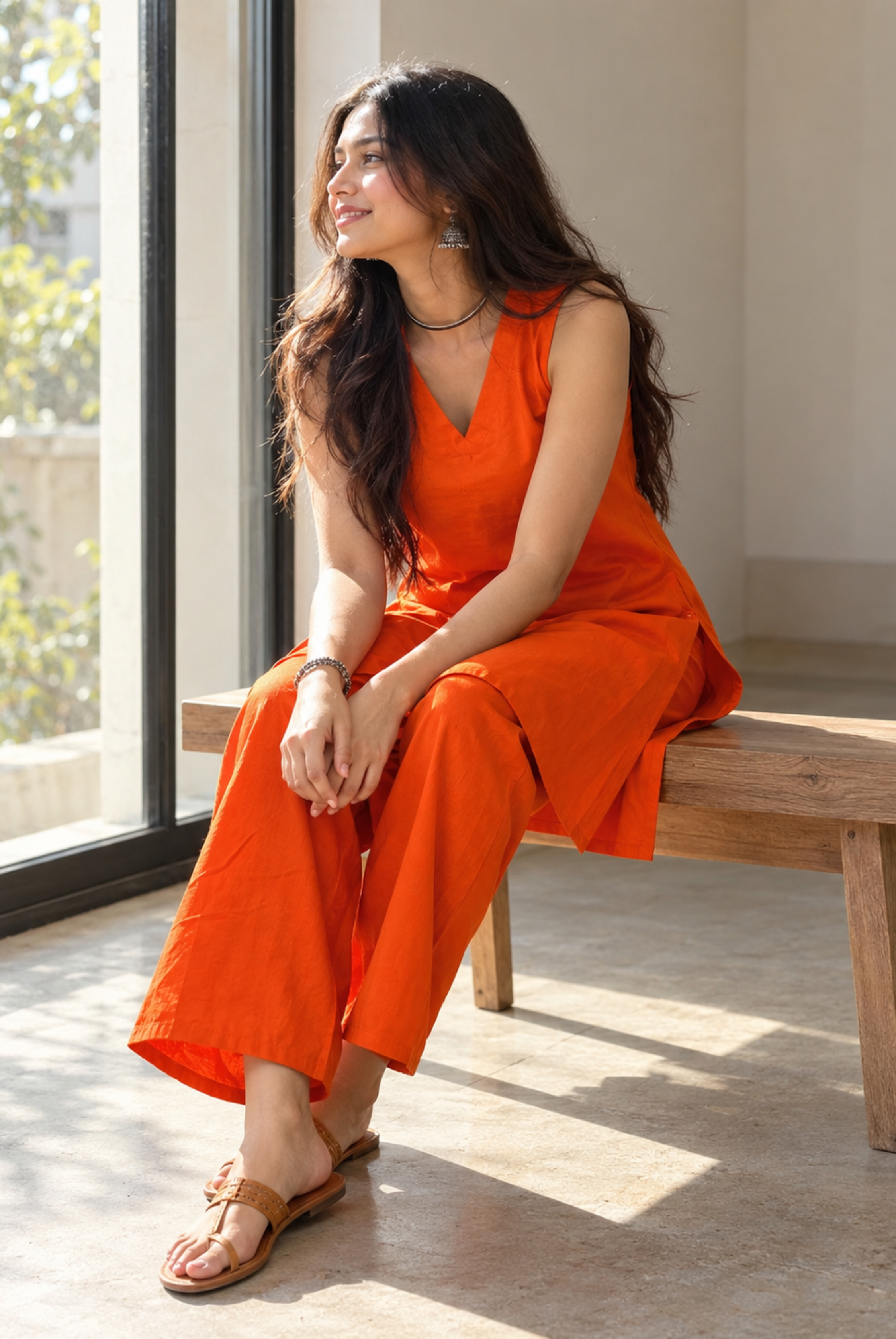Orange Sleeveless Straight Kurta Set with Wide-Leg Pants
