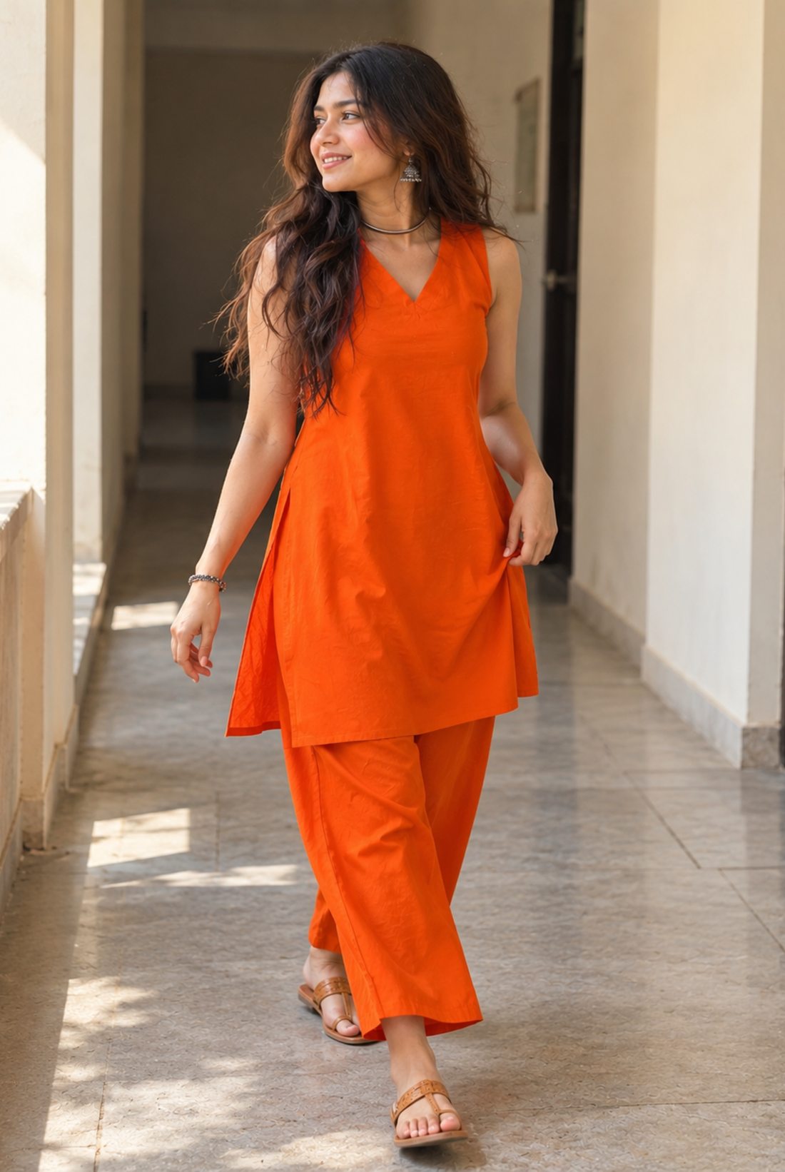 Orange Sleeveless Straight Kurta Set with Wide-Leg Pants
