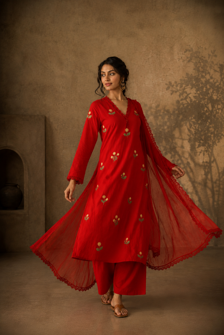 Red Floral Butta Embroidered Cotton Kurta Set with Dupatta