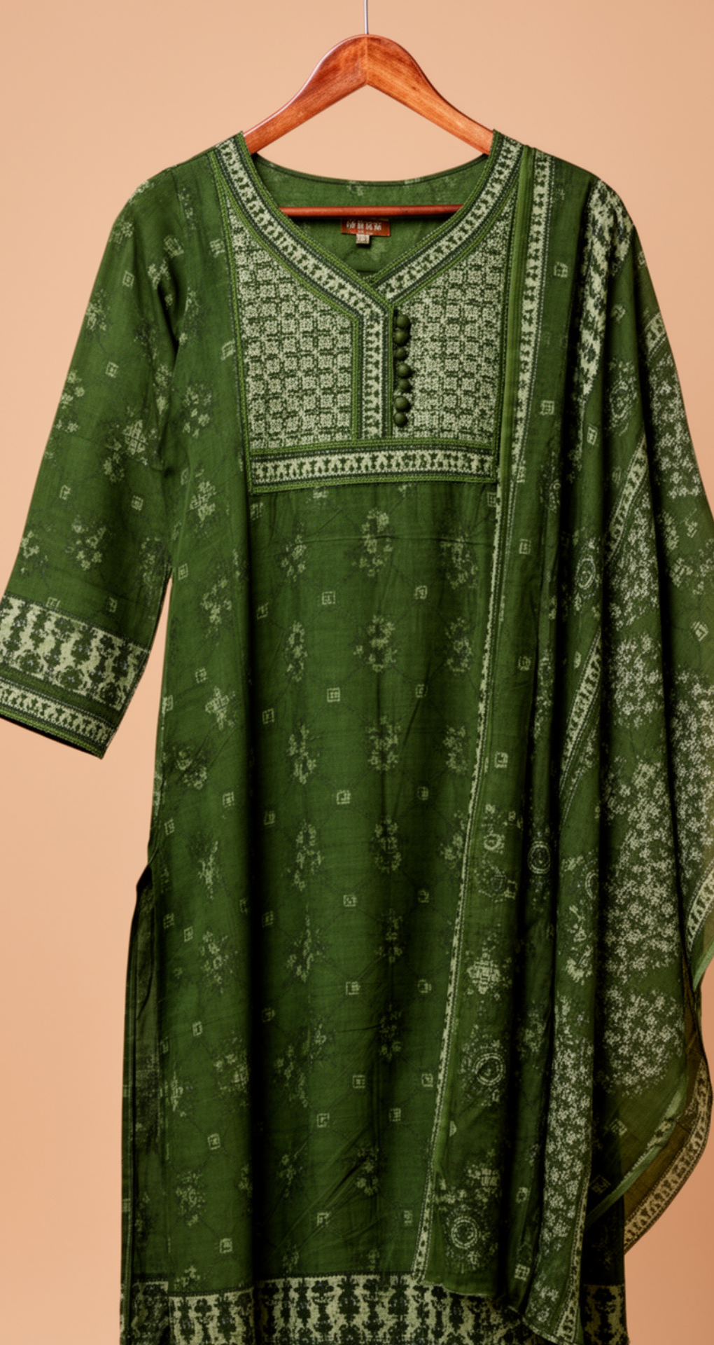 Olive Green Printed Kurta Set with Dupatta
