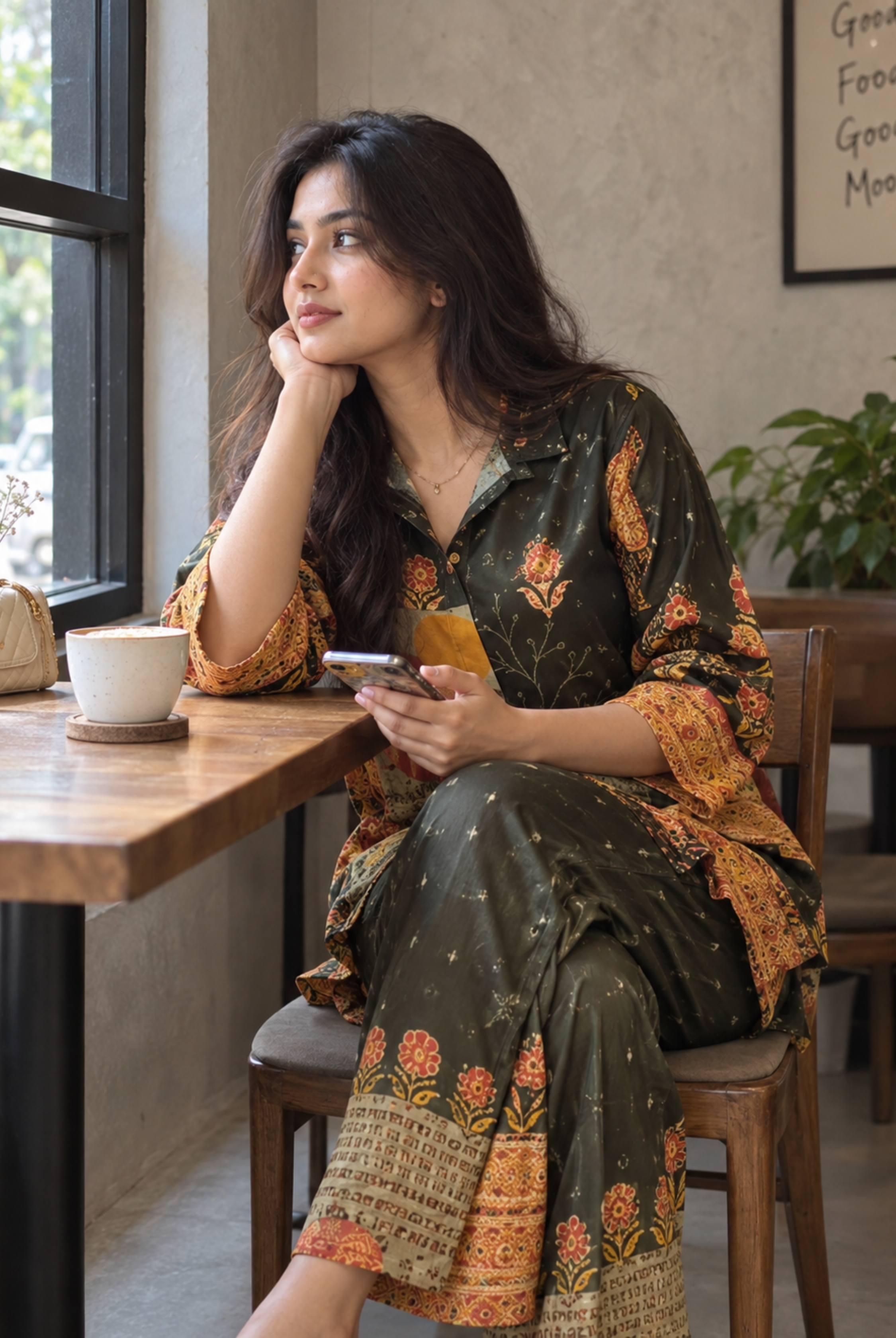 Olive Green & Mustard Printed Co-Ord Set for Women