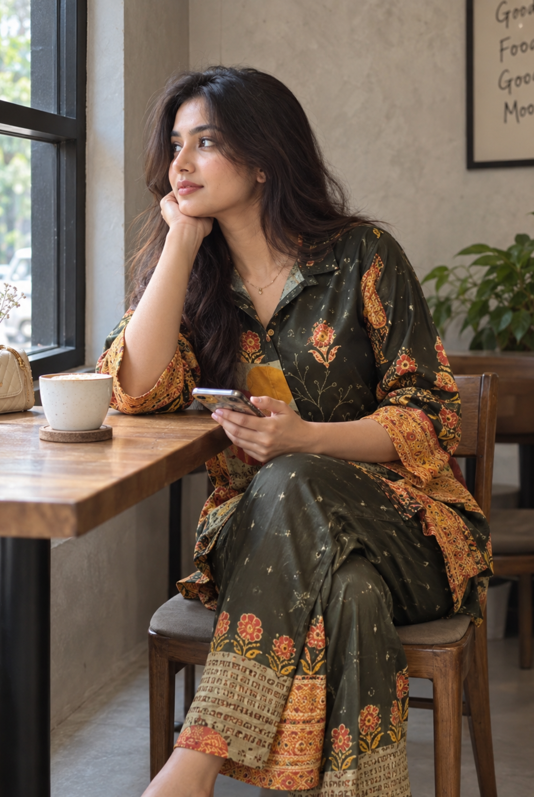 Olive Green & Mustard Printed Co-Ord Set for Women