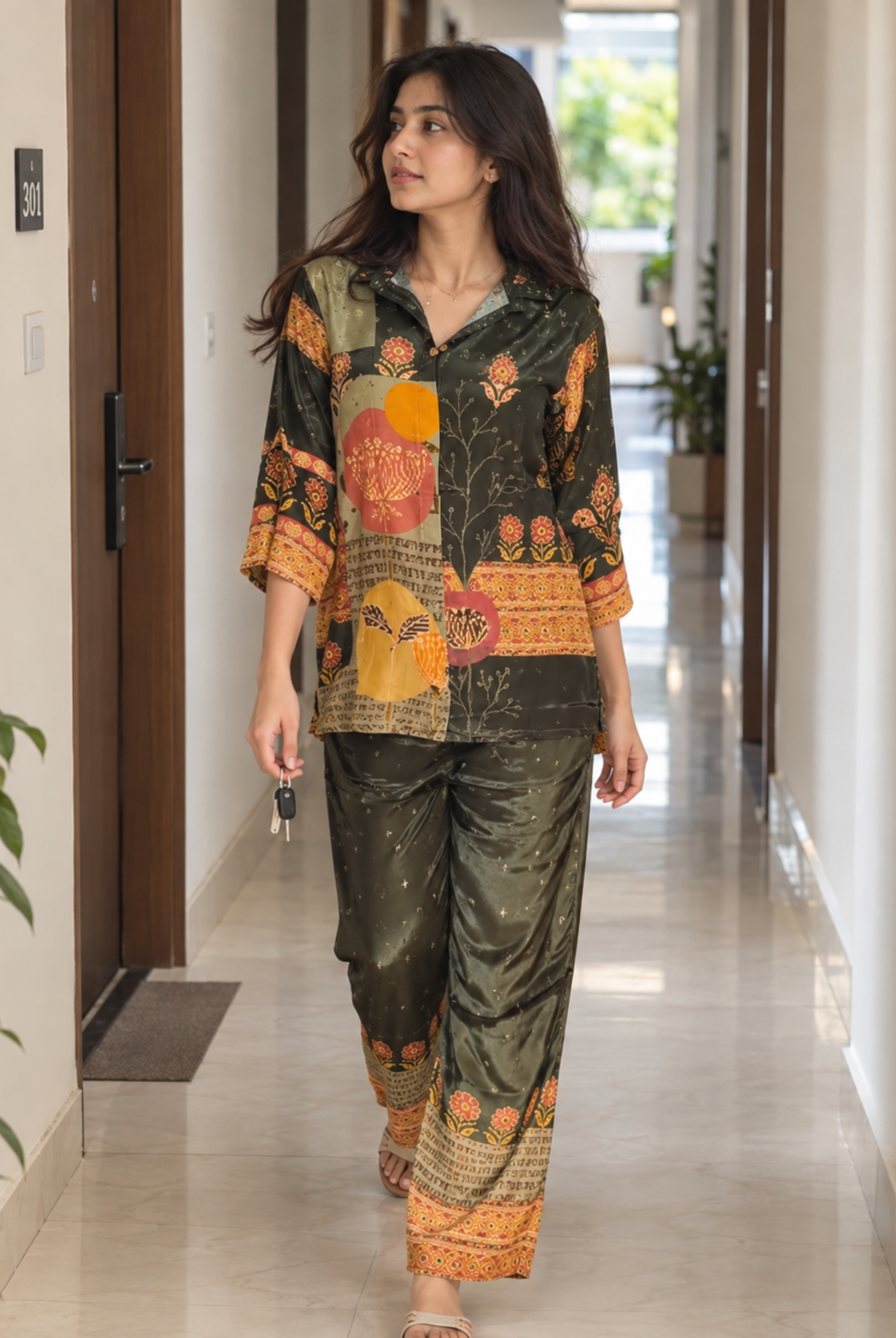 Olive Green & Mustard Printed Co-Ord Set for Women