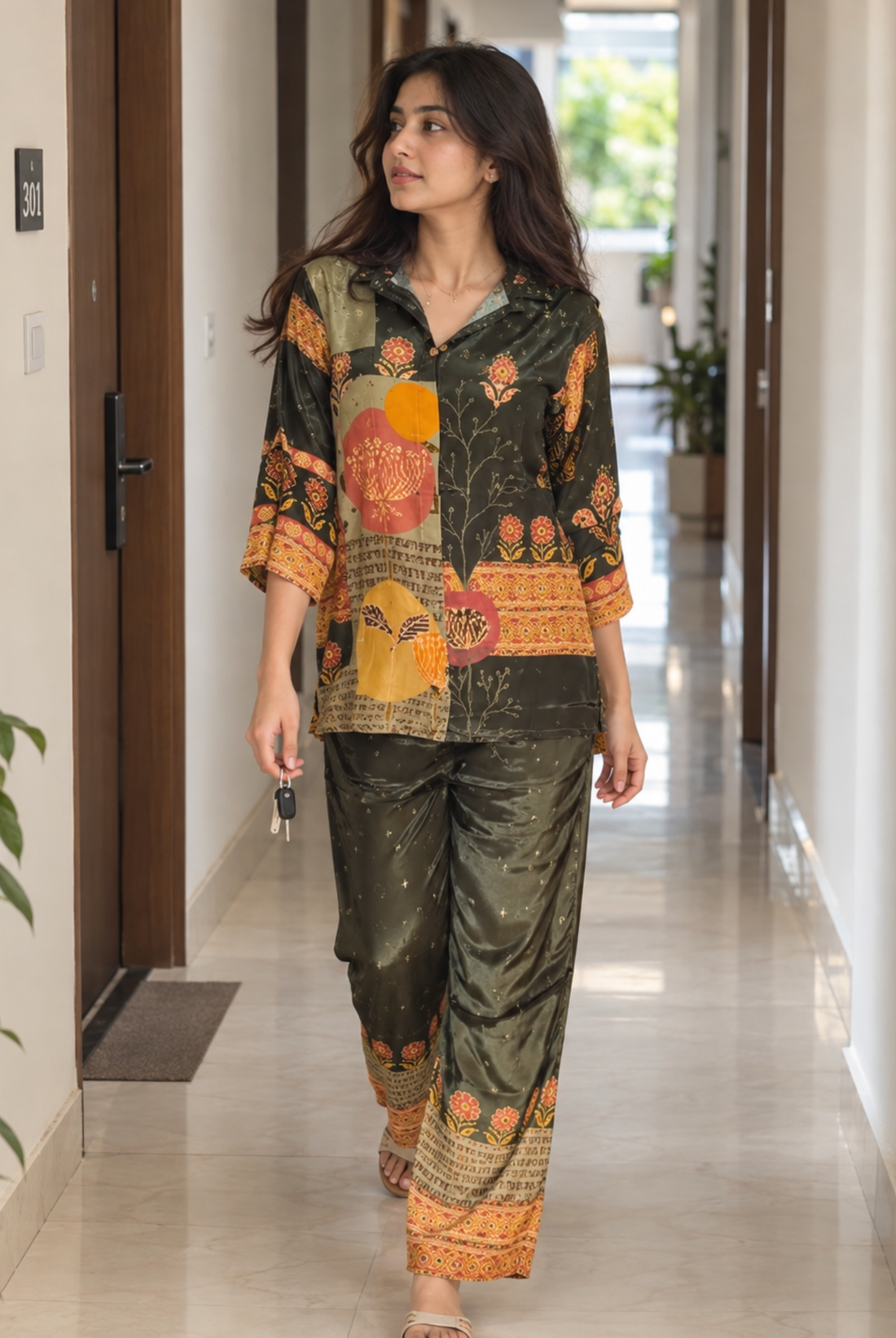 Olive Green & Mustard Printed Co-Ord Set for Women