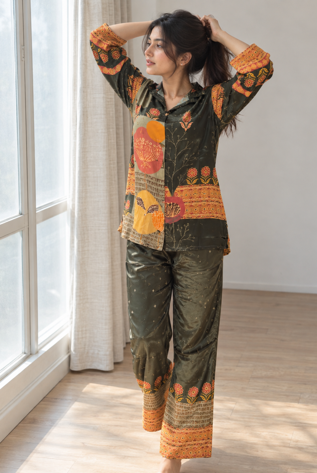 Olive Green & Mustard Printed Co-Ord Set for Women