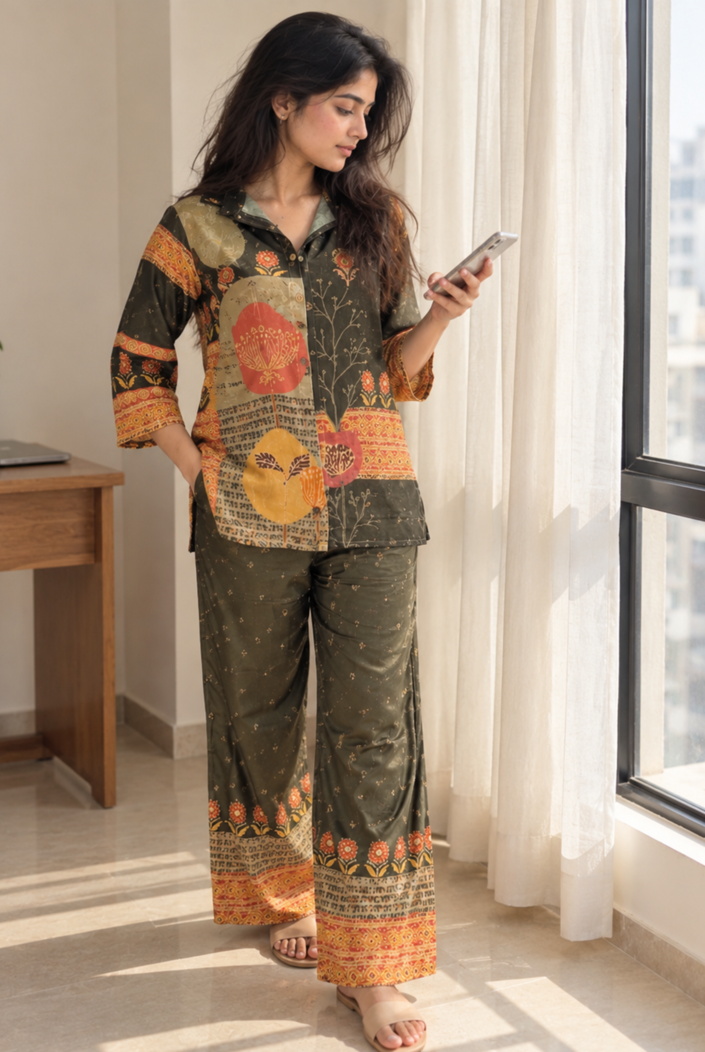 Olive Green & Mustard Printed Co-Ord Set for Women