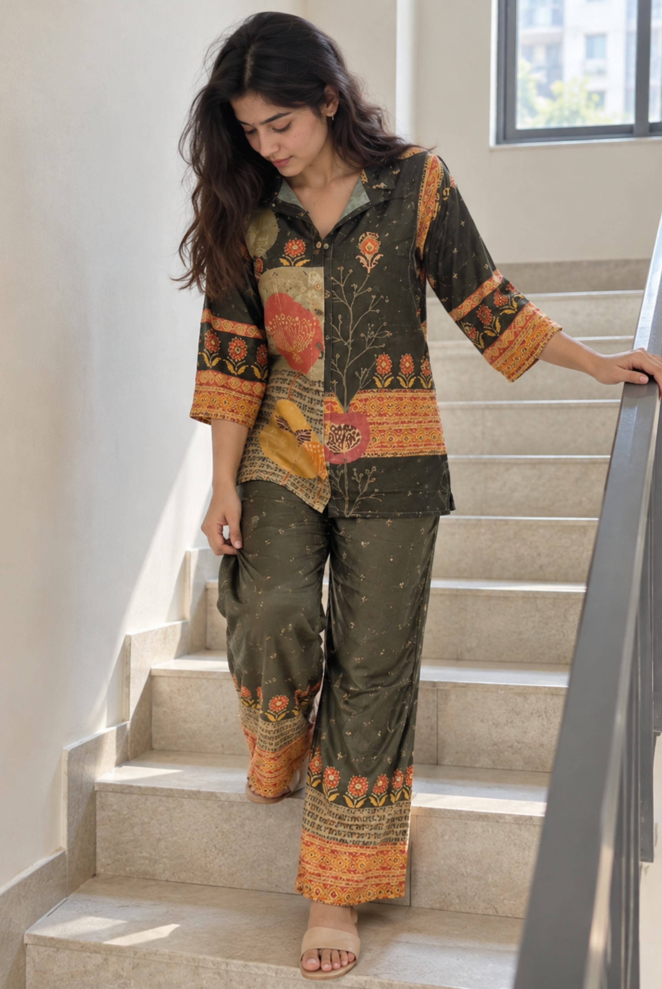 Olive Green & Mustard Printed Co-Ord Set for Women