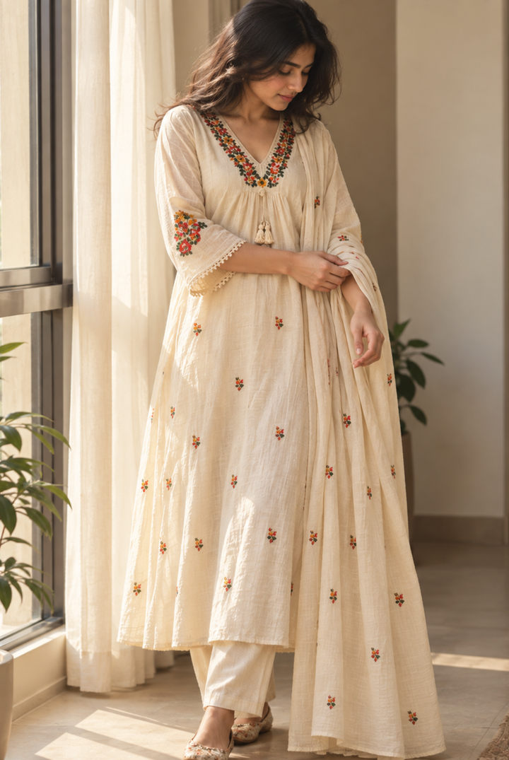 Ivory Anarkali Suit Set with Multicolor Embroidered Neckline and Dupatta