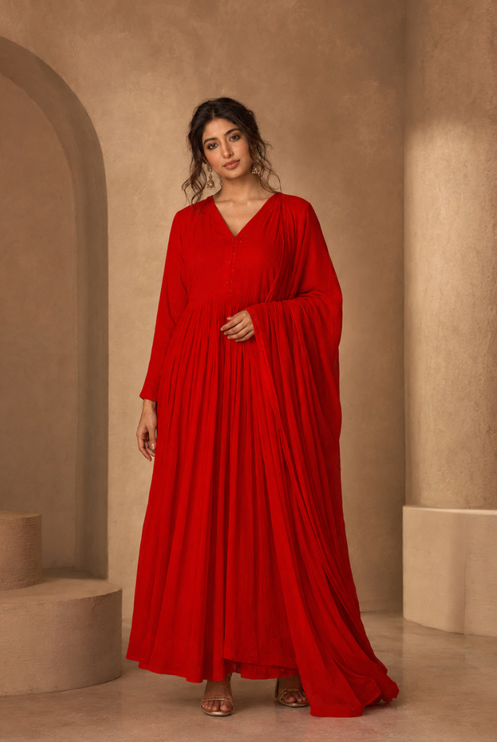 Red Embroided Anarkali Kurta with Dupatta