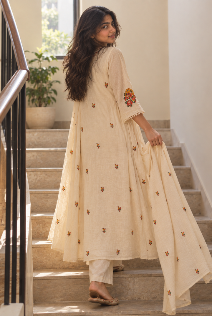 Ivory Anarkali Suit Set with Multicolor Embroidered Neckline and Dupatta