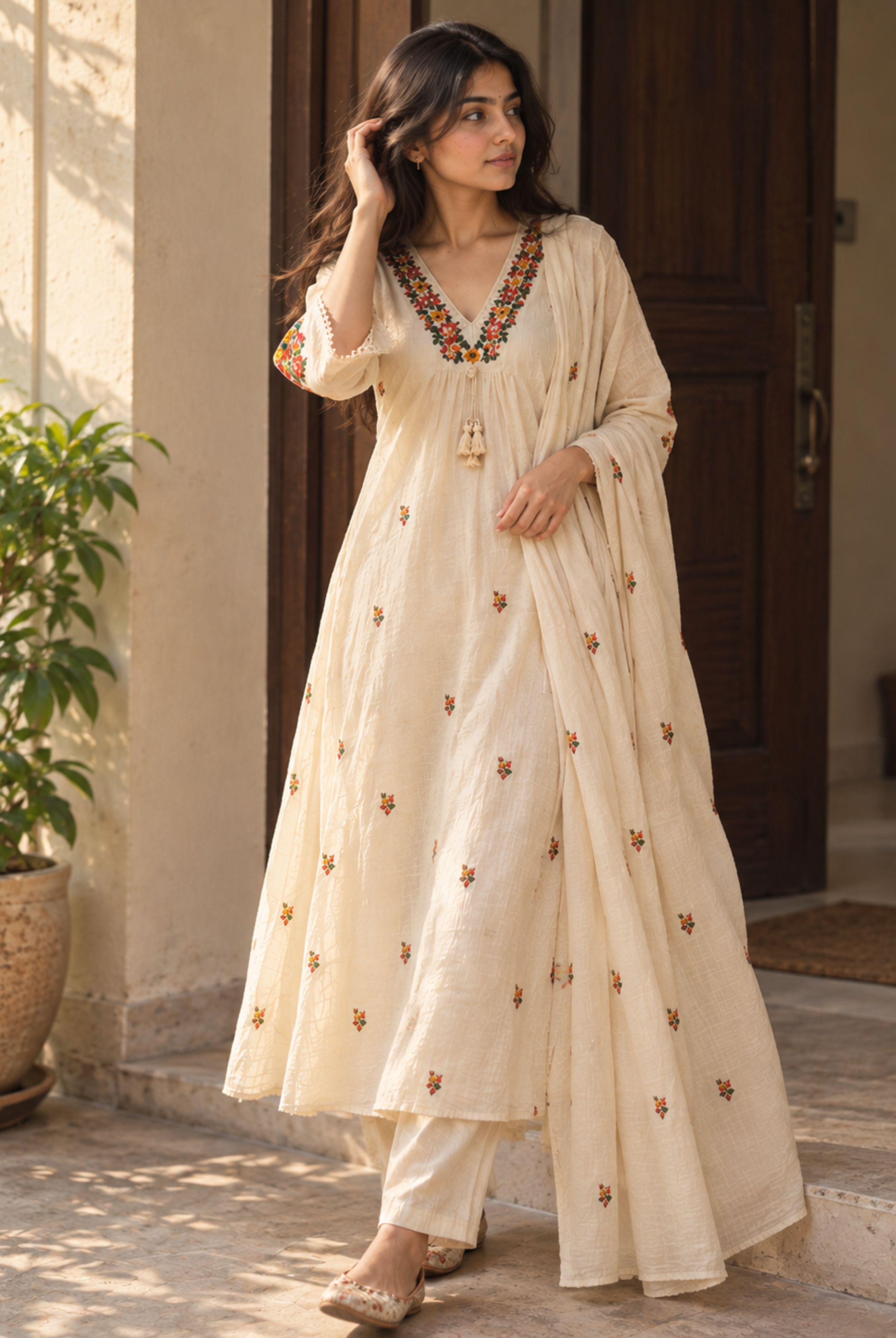 Ivory Anarkali Suit Set with Multicolor Embroidered Neckline and Dupatta