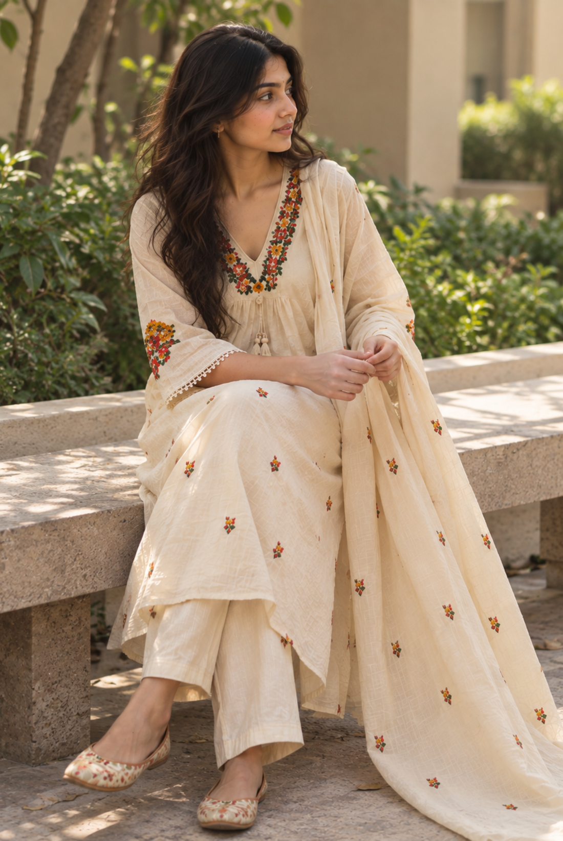 Ivory Anarkali Suit Set with Multicolor Embroidered Neckline and Dupatta