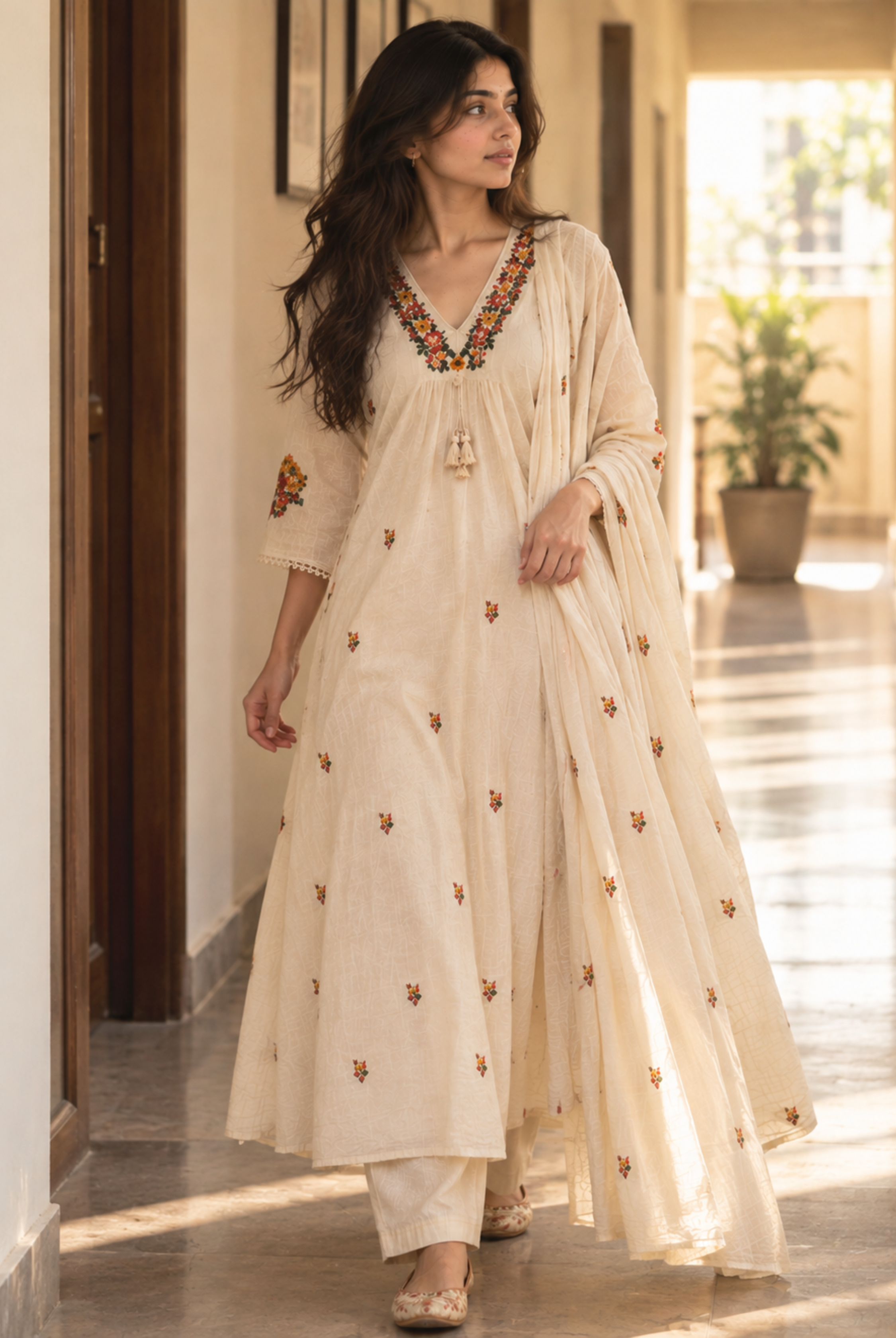 Ivory Anarkali Suit Set with Multicolor Embroidered Neckline and Dupatta