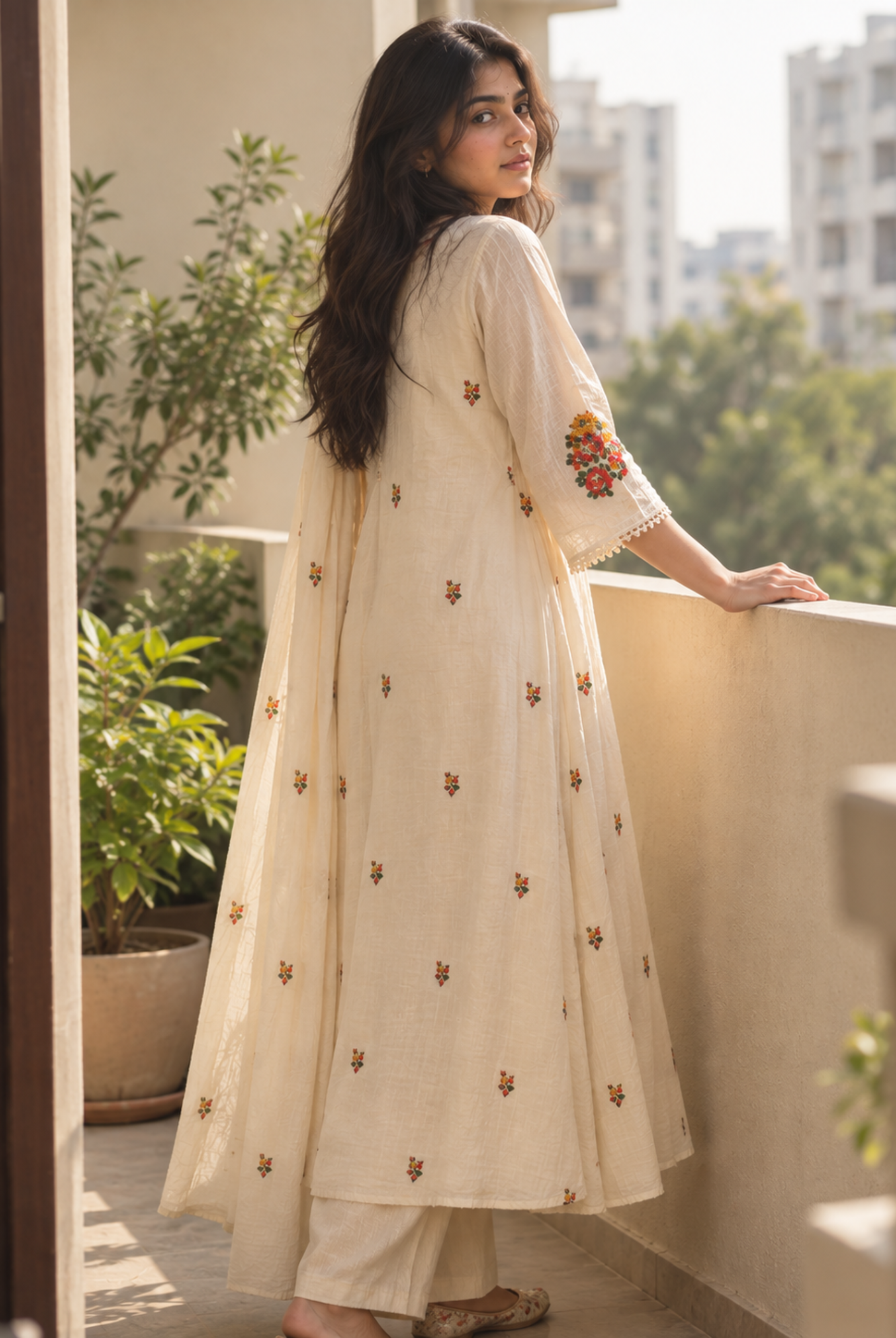 Ivory Anarkali Suit Set with Multicolor Embroidered Neckline and Dupatta