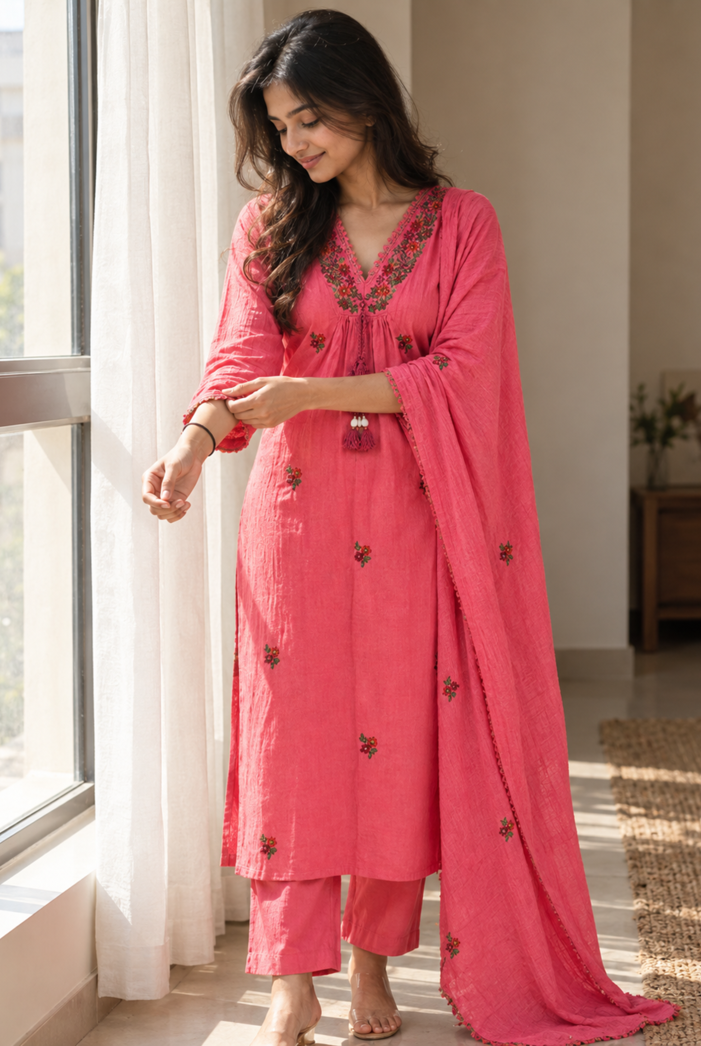 Coral Pink Embroidered Straight Kurta Set with Dupatta
