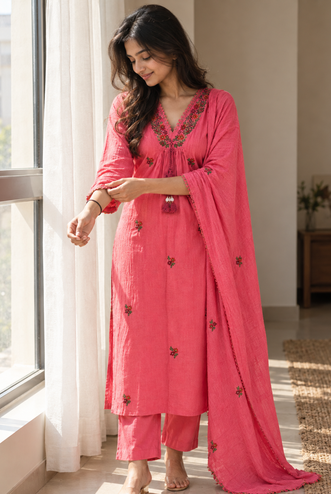 Coral Pink Embroidered Straight Kurta Set with Dupatta