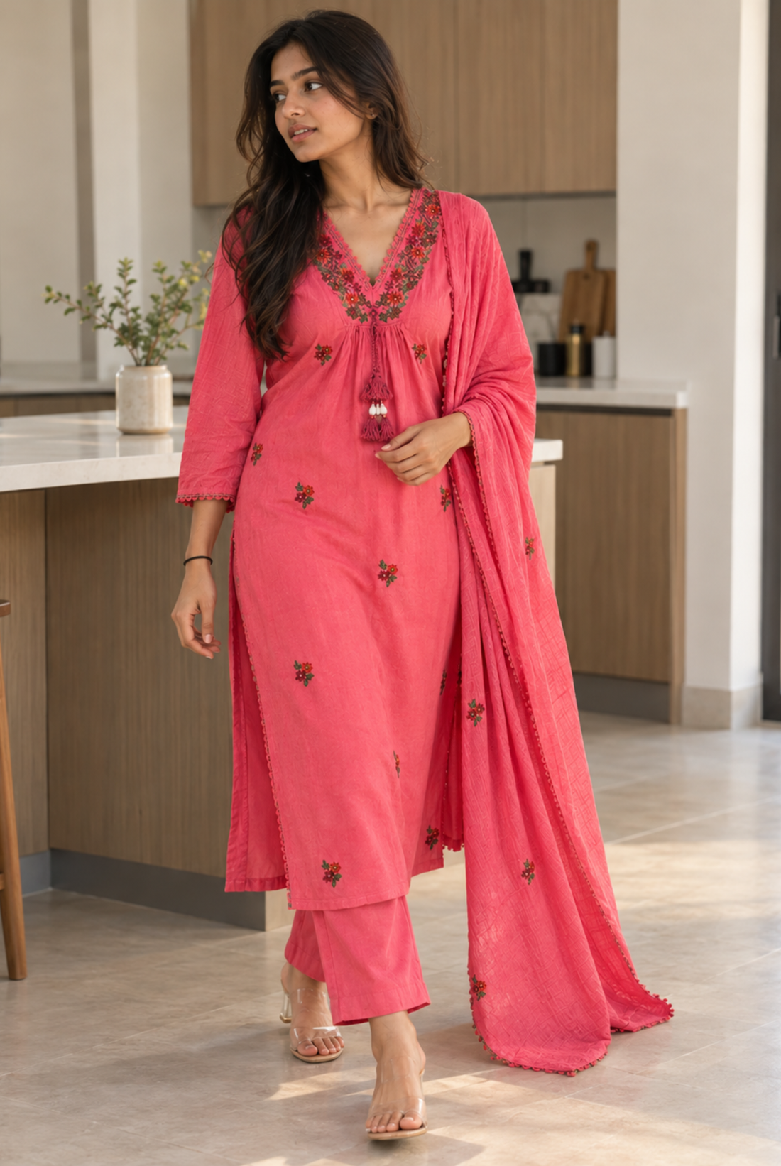 Coral Pink Embroidered Straight Kurta Set with Dupatta