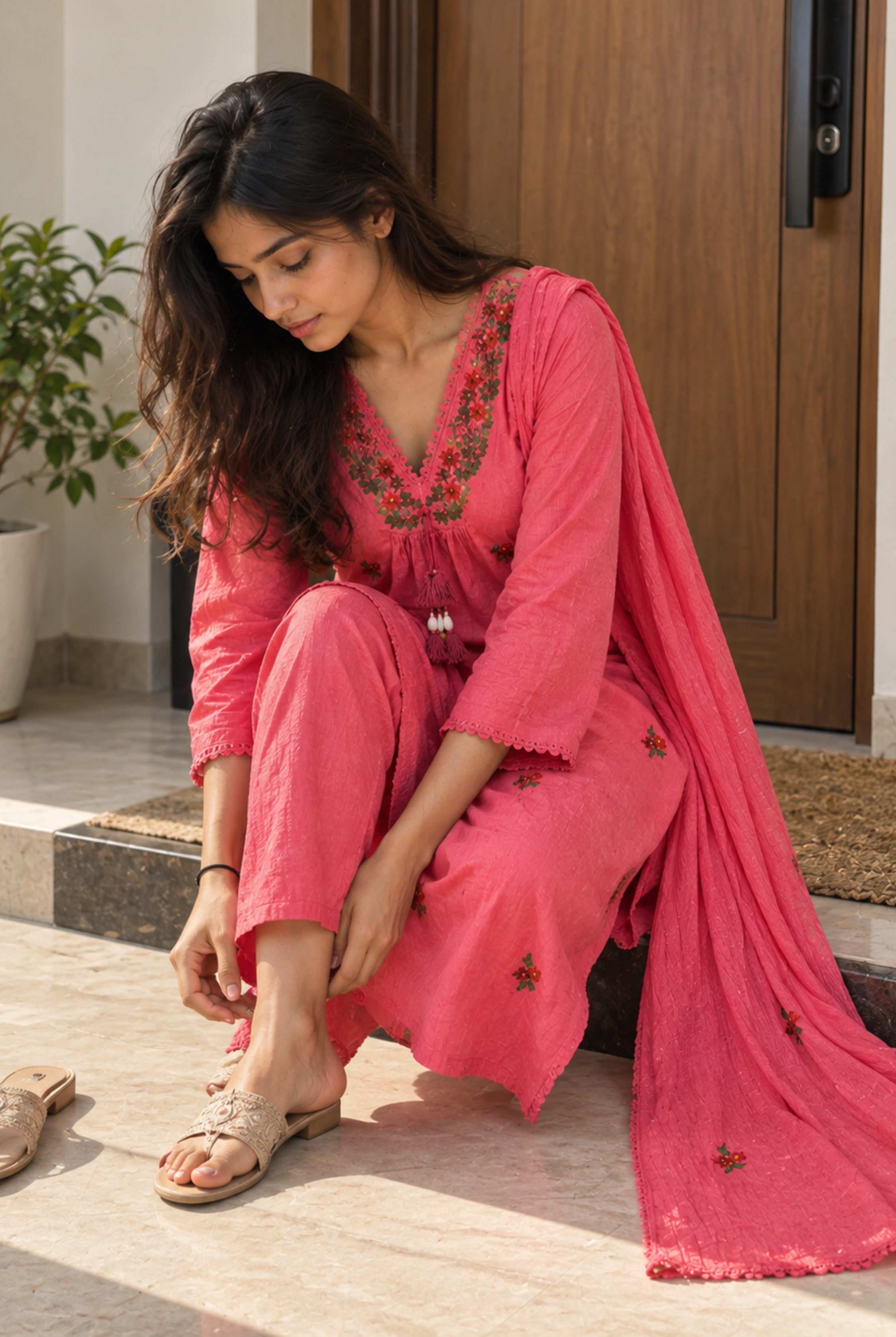 Coral Pink Embroidered Straight Kurta Set with Dupatta