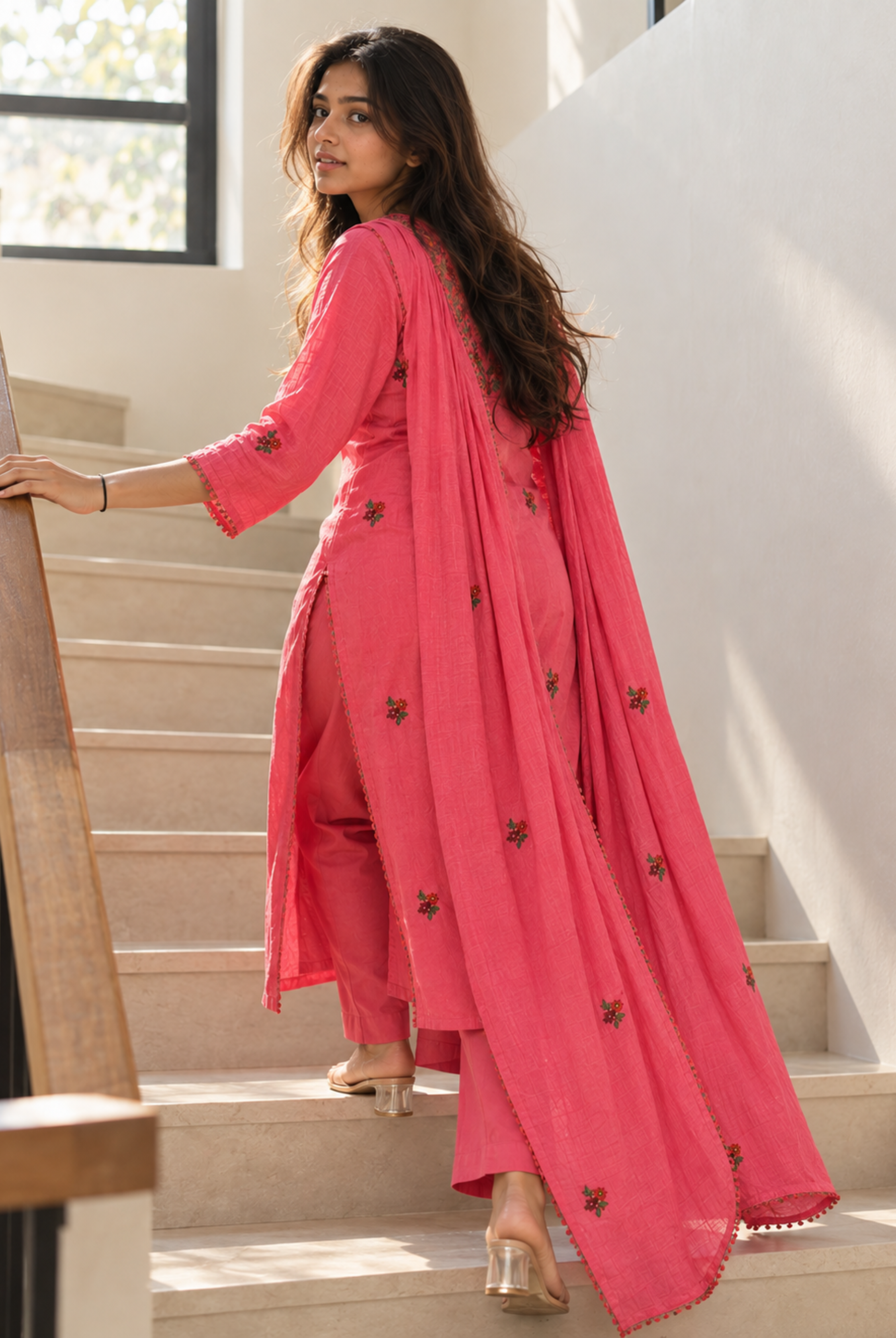 Coral Pink Embroidered Straight Kurta Set with Dupatta
