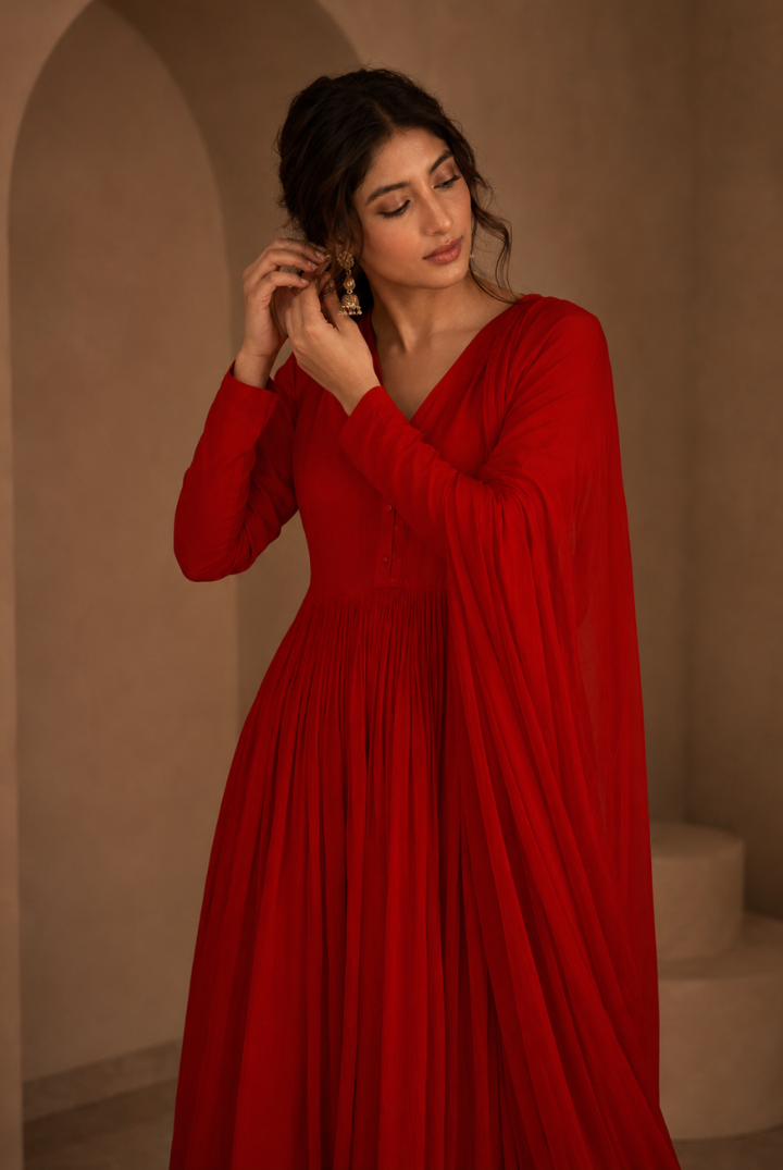 Red Embroided Anarkali Kurta with Dupatta