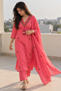 Coral Pink Embroidered Straight Kurta Set with Dupatta