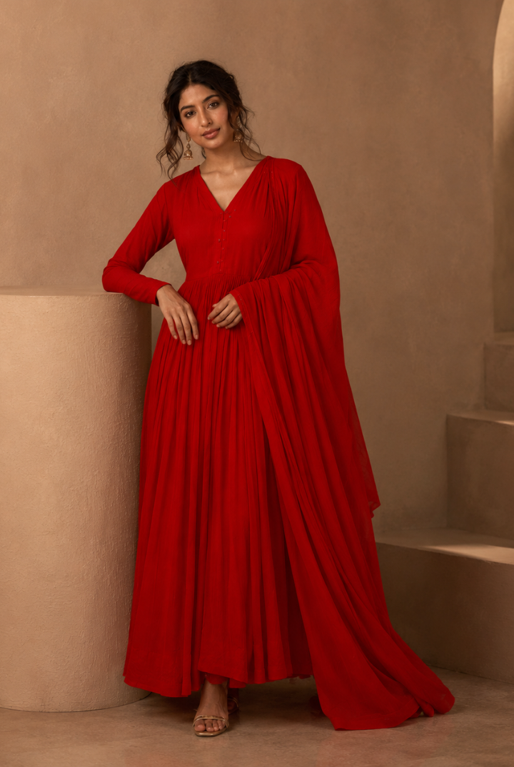 Red Embroided Anarkali Kurta with Dupatta