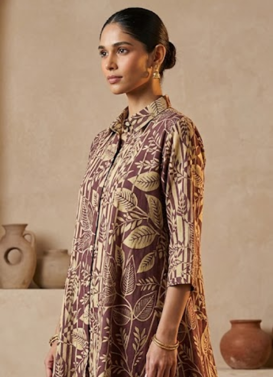 Brown Botanical Printed Cotton Kurta