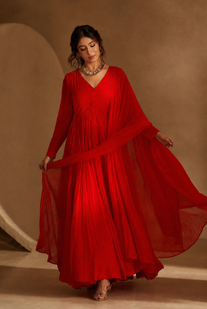 Red Embroided Anarkali Kurta with Dupatta